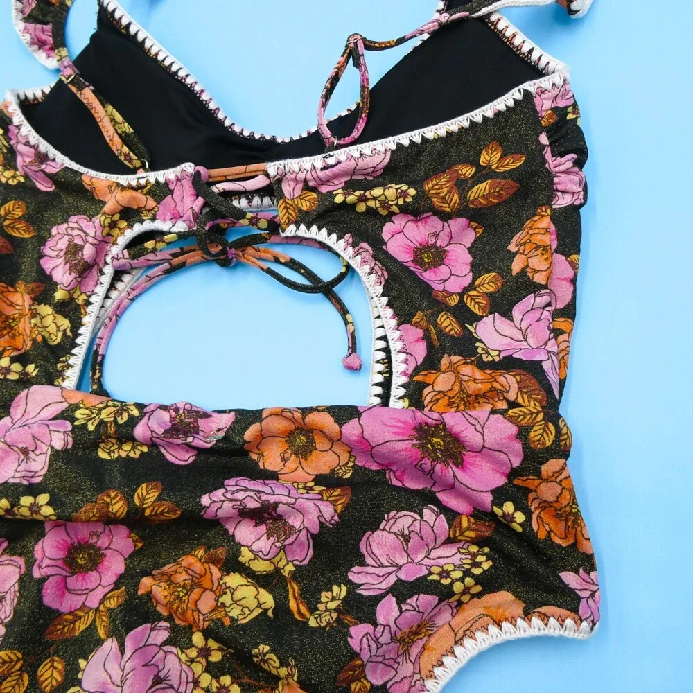 Victorias Secret Medium Black Shimmer Floral Cutout‎ Lace One Piece Swimsuit New